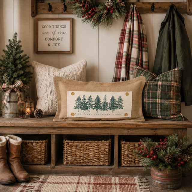 PANEL ONLY: RECTANGLE Winter; Farm Fresh, Green, Nature, Peaceful, Vintage, Farmhouse ; EVERGREEN CHRISTMAS TREES
