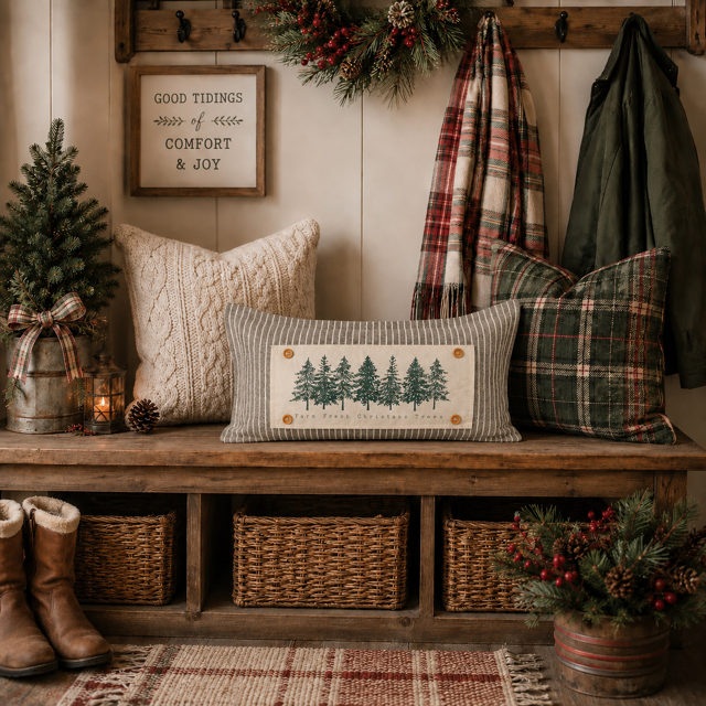 PANEL ONLY: RECTANGLE Winter; Farm Fresh, Green, Nature, Peaceful, Vintage, Farmhouse ; EVERGREEN CHRISTMAS TREES