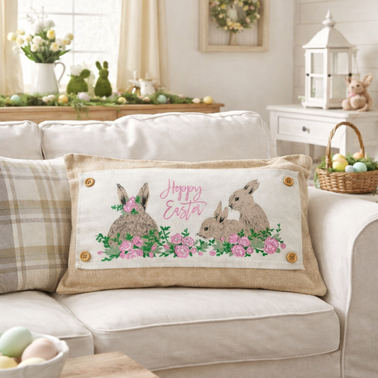 PANEL ONLY: RECTANGLE Spring Flowers Hop Chocolate Bunny Happy Easter Bunnies Garden; FLORAL RABBIT