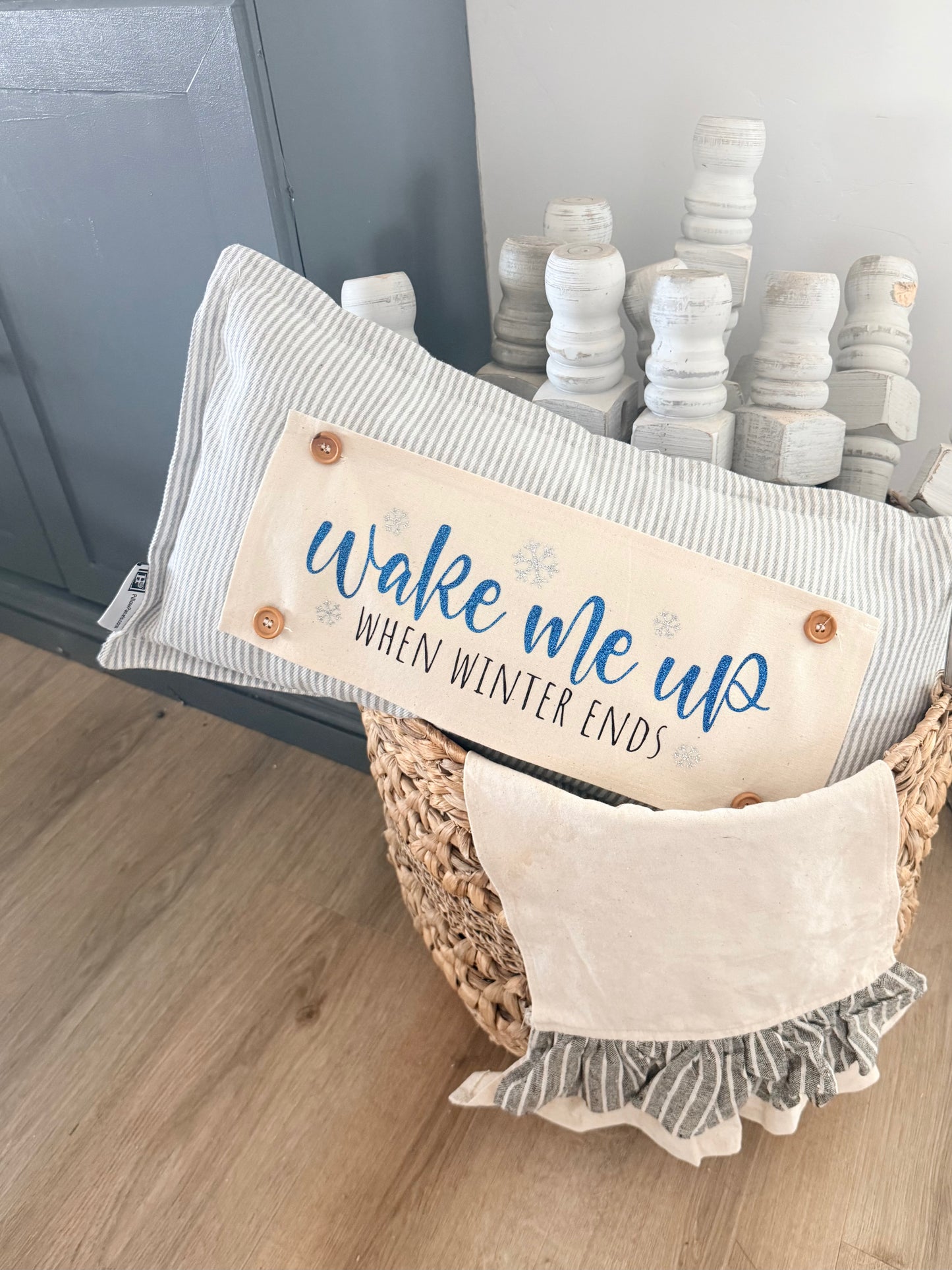 NEW!  Glitter Holiday Panel: Winter January Christmas Blue Brr Cold Snowflake Silver WAKE ME WHEN WINTER ENDS