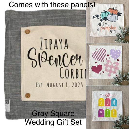 Custom Wedding Gift Bundle:  3 seasons + SQUARE GRAY pillow + custom last name panel:  PUMPKIN PATCH, SUMMER POPSICLES, VALENTINE HEARTS, CUSTOM LAST NAME PANEL