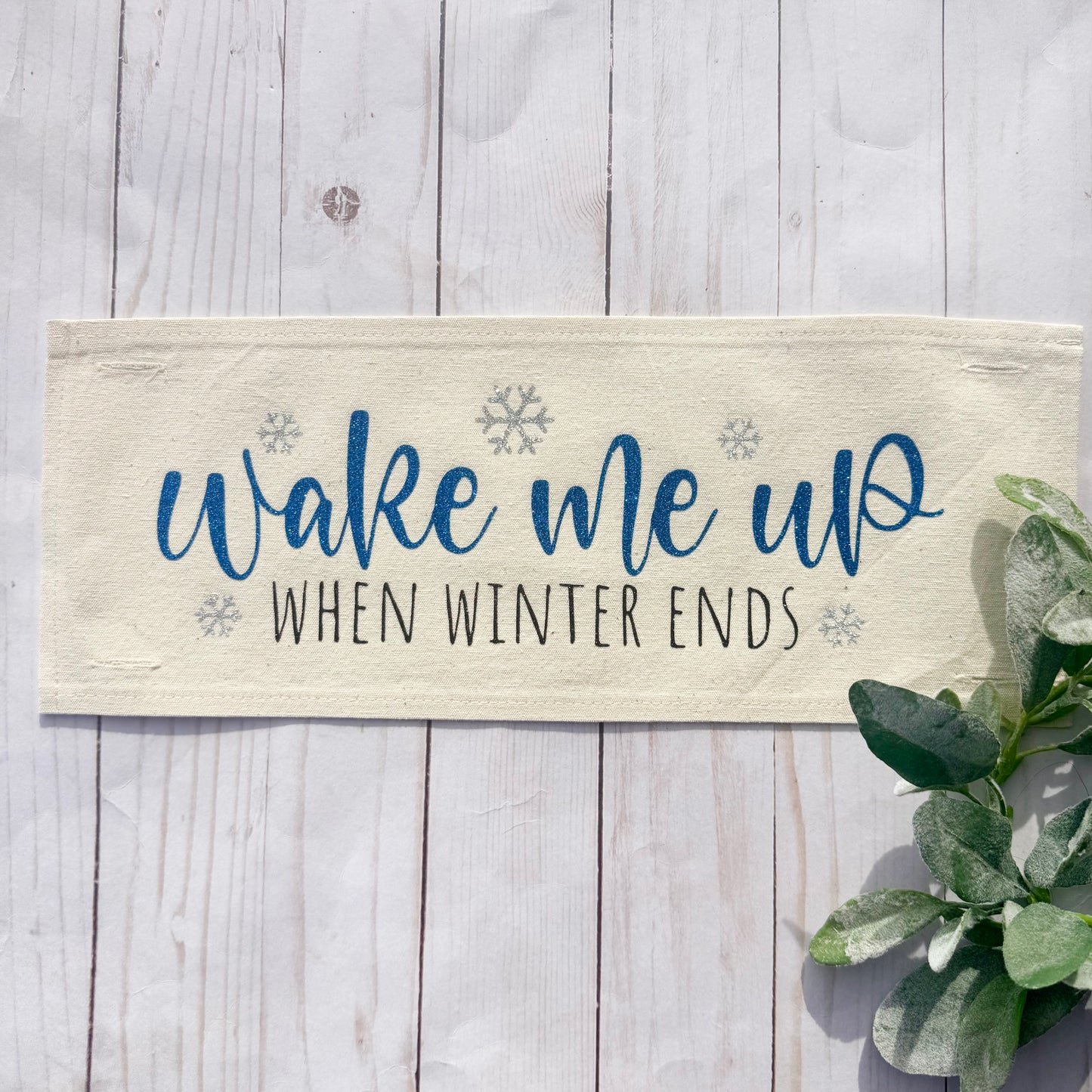 NEW!  Glitter Holiday Panel: Winter January Christmas Blue Brr Cold Snowflake Silver WAKE ME WHEN WINTER ENDS