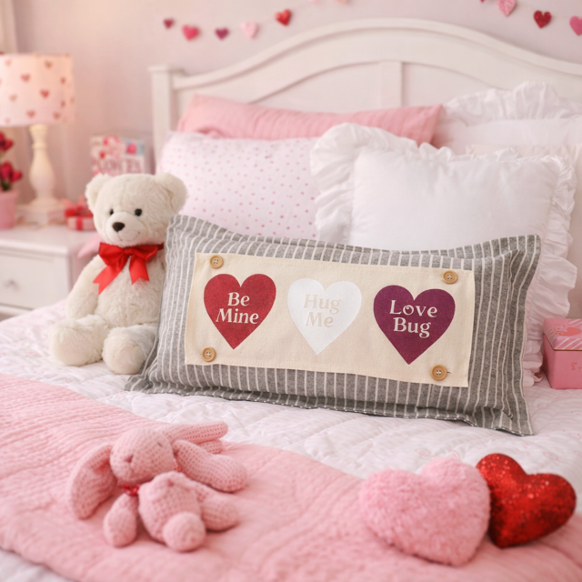 GLITTER PANEL ONLY:  RECTANGLE Glitter Holiday Panel throw pillow: Winter, Valentines Cherry Pink, Love, Spouse, Partner; GLITTER CONVERSATION HEARTS