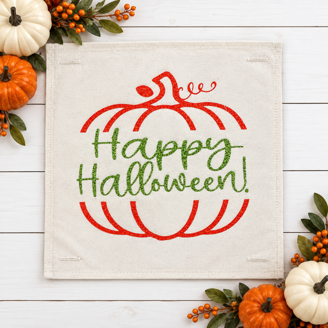 GLITTER PANEL ONLY: SQUARE Fall, Autumn, pumpkin, orange, green, GLITTER HAPPY HALLOWEEN SPLIT PUMPKIN