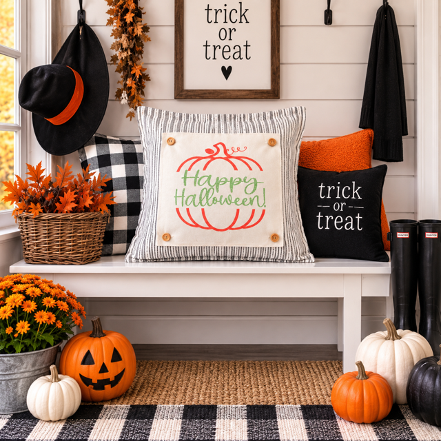 GLITTER PANEL ONLY: SQUARE Fall, Autumn, pumpkin, orange, green, GLITTER HAPPY HALLOWEEN SPLIT PUMPKIN