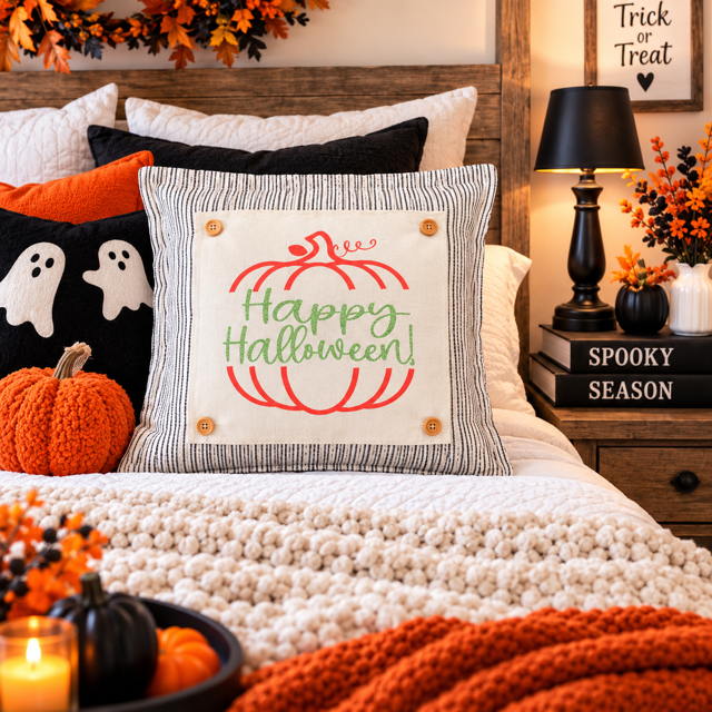 GLITTER PANEL ONLY: SQUARE Fall, Autumn, pumpkin, orange, green, GLITTER HAPPY HALLOWEEN SPLIT PUMPKIN