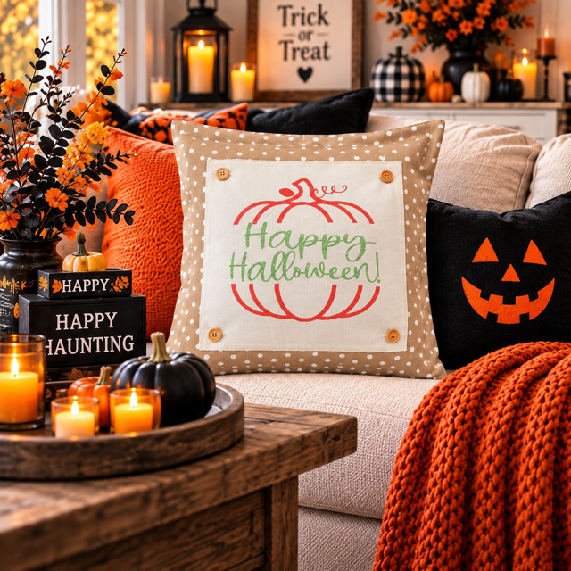 GLITTER PANEL ONLY: SQUARE Fall, Autumn, pumpkin, orange, green, GLITTER HAPPY HALLOWEEN SPLIT PUMPKIN