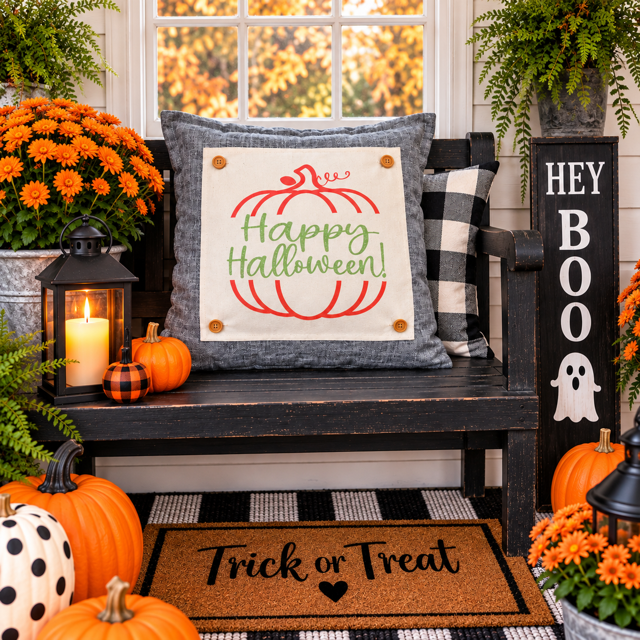 GLITTER PANEL ONLY: SQUARE Fall, Autumn, pumpkin, orange, green, GLITTER HAPPY HALLOWEEN SPLIT PUMPKIN