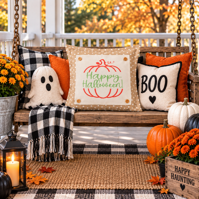 GLITTER PANEL ONLY: SQUARE Fall, Autumn, pumpkin, orange, green, GLITTER HAPPY HALLOWEEN SPLIT PUMPKIN