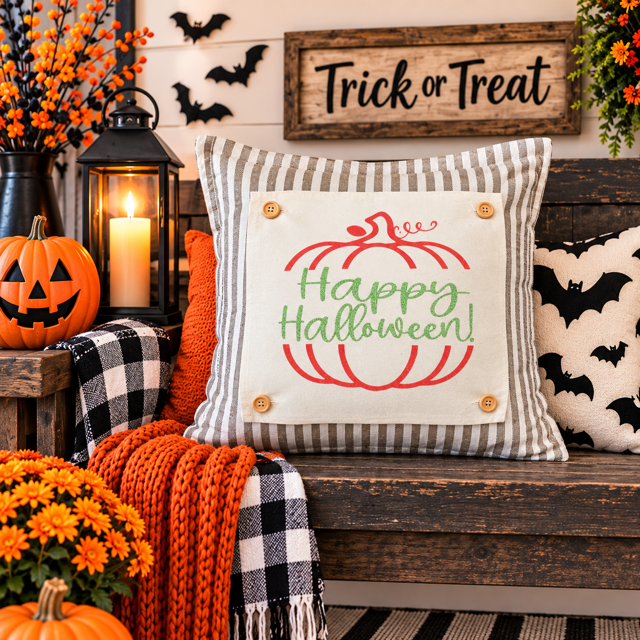GLITTER PANEL ONLY: SQUARE Fall, Autumn, pumpkin, orange, green, GLITTER HAPPY HALLOWEEN SPLIT PUMPKIN