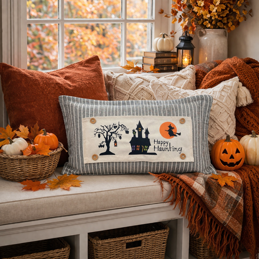 PANEL ONLY: RECTANGLE Halloween October 31st Fall Autumn Bats Flying Witch Dead Tree Mansion; HAPPY HAUNTING HAUNTED HOUSE