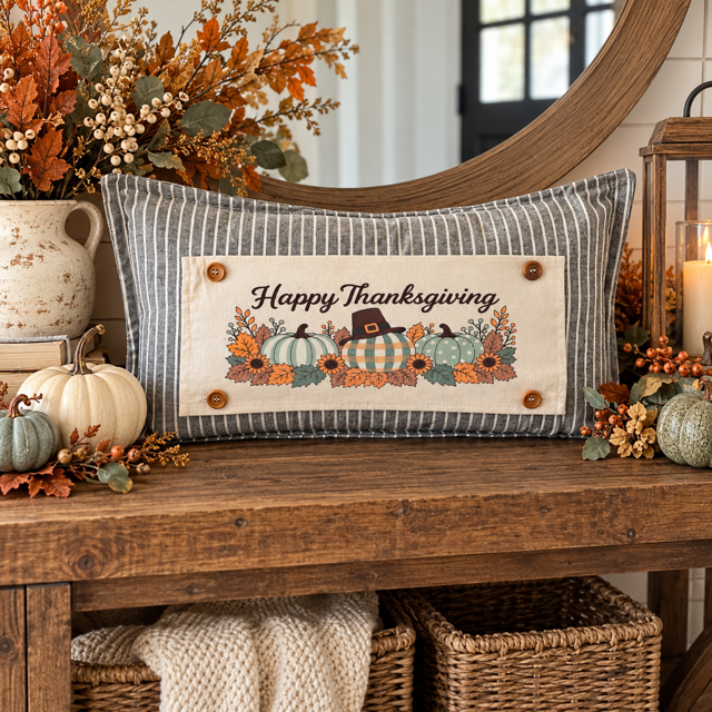 NEW!  PANEL ONLY:  Fall Autumn pumpkins, leaves, berries Pilgrims, stripes, polka dots, plaid; HAPPY THANKSGIVING