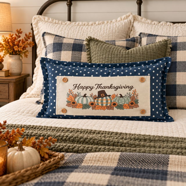 NEW!  PANEL ONLY:  Fall Autumn pumpkins, leaves, berries Pilgrims, stripes, polka dots, plaid; HAPPY THANKSGIVING