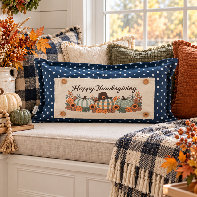 NEW!  PANEL ONLY:  Fall Autumn pumpkins, leaves, berries Pilgrims, stripes, polka dots, plaid; HAPPY THANKSGIVING