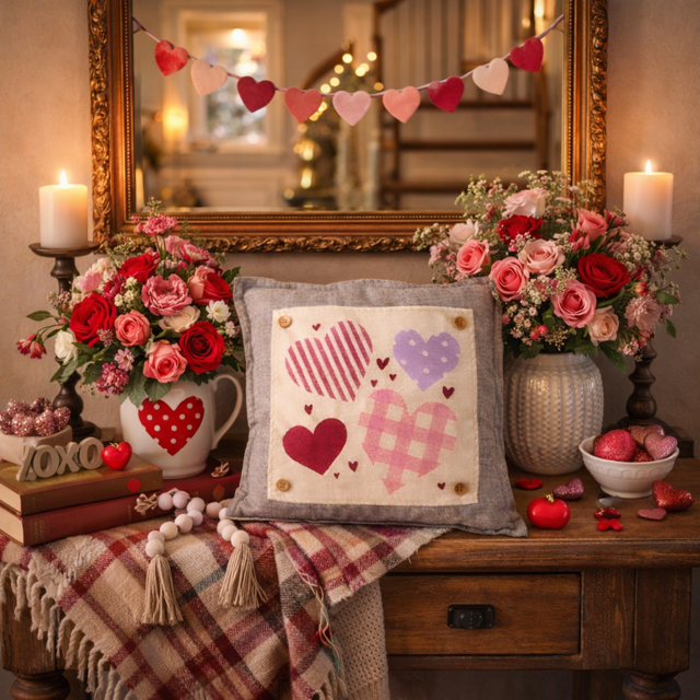 NEW! SQUARE BUNDLE SET: TICKING STRIPES PILLOW (comes with foam insert and these 3 panels in back pocket); Winter : SKI BENCH, HEARTS, PRESSED FLOWERS