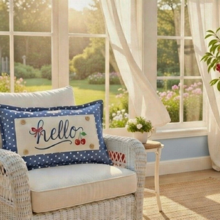 PILLOW ONLY RECTANGLE denim country blue with white polka dots: BLUE POLKA-DOT PILLOW (with fluffy insert)