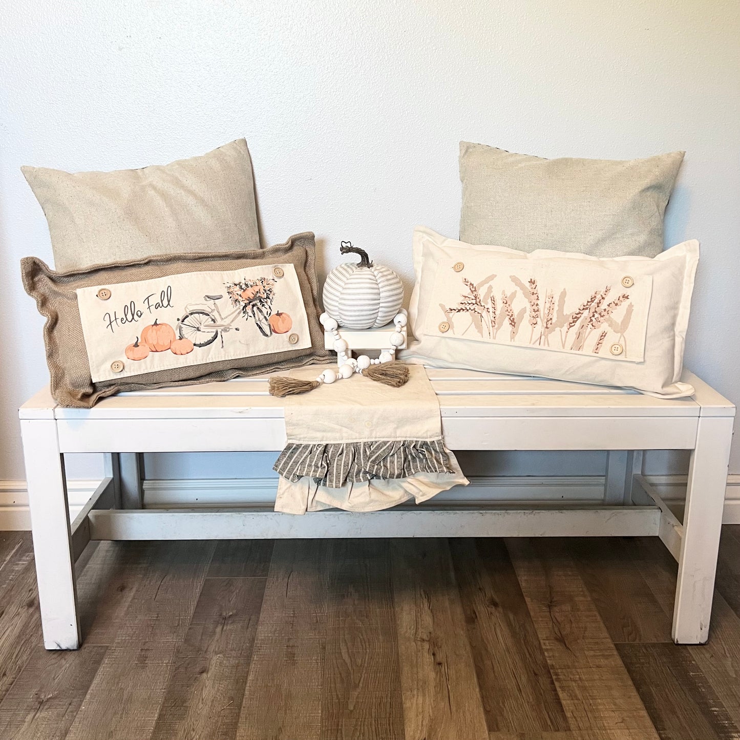 NEW! Custom FALL Wedding Gift Bundle:  GRAY TICKING STRIPE pillow + custom last name, FALL BIKE / MERRY & BRIGHT / CUSTOM PANEL