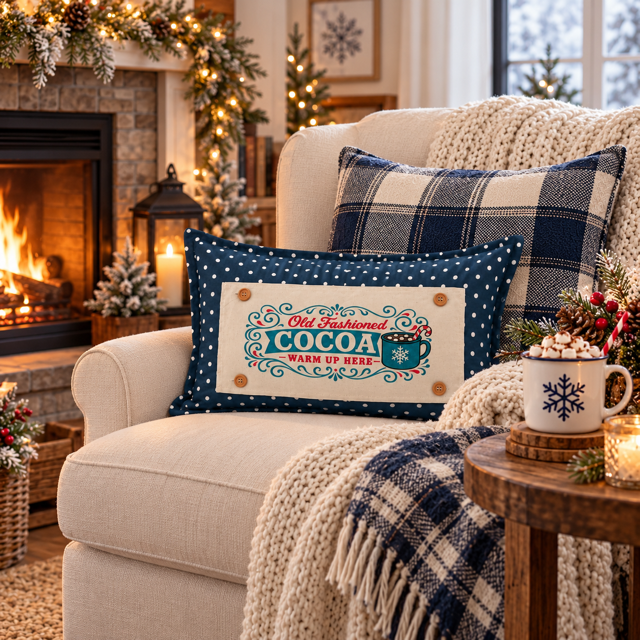 NEW! PANEL ONLY: RECTANGLE Winter; Vintage Sign, Marshmallows, Candy Cane, Chocolate; HOT COCOA