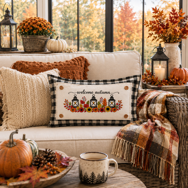 NEW!  PANEL ONLY:  Fall leaves floral sunflower Autumn candles welcome FALL LANTERN