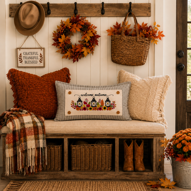 NEW!  PANEL ONLY:  Fall leaves floral sunflower Autumn candles welcome FALL LANTERN