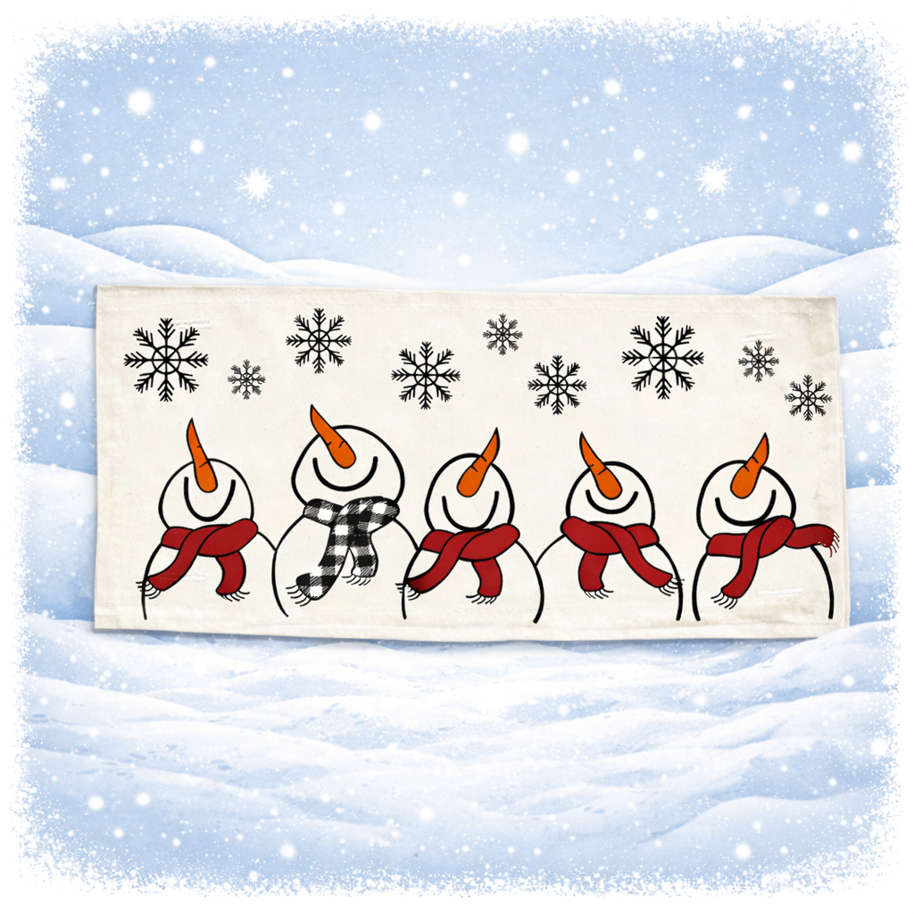 PANEL ONLY: 
RECTANGLE Season Panel: Winter January Decor Snow Snowflake Christmas; Singing Chorus Caroling Scarf Dancing Happy SNOWMAN SCARVES