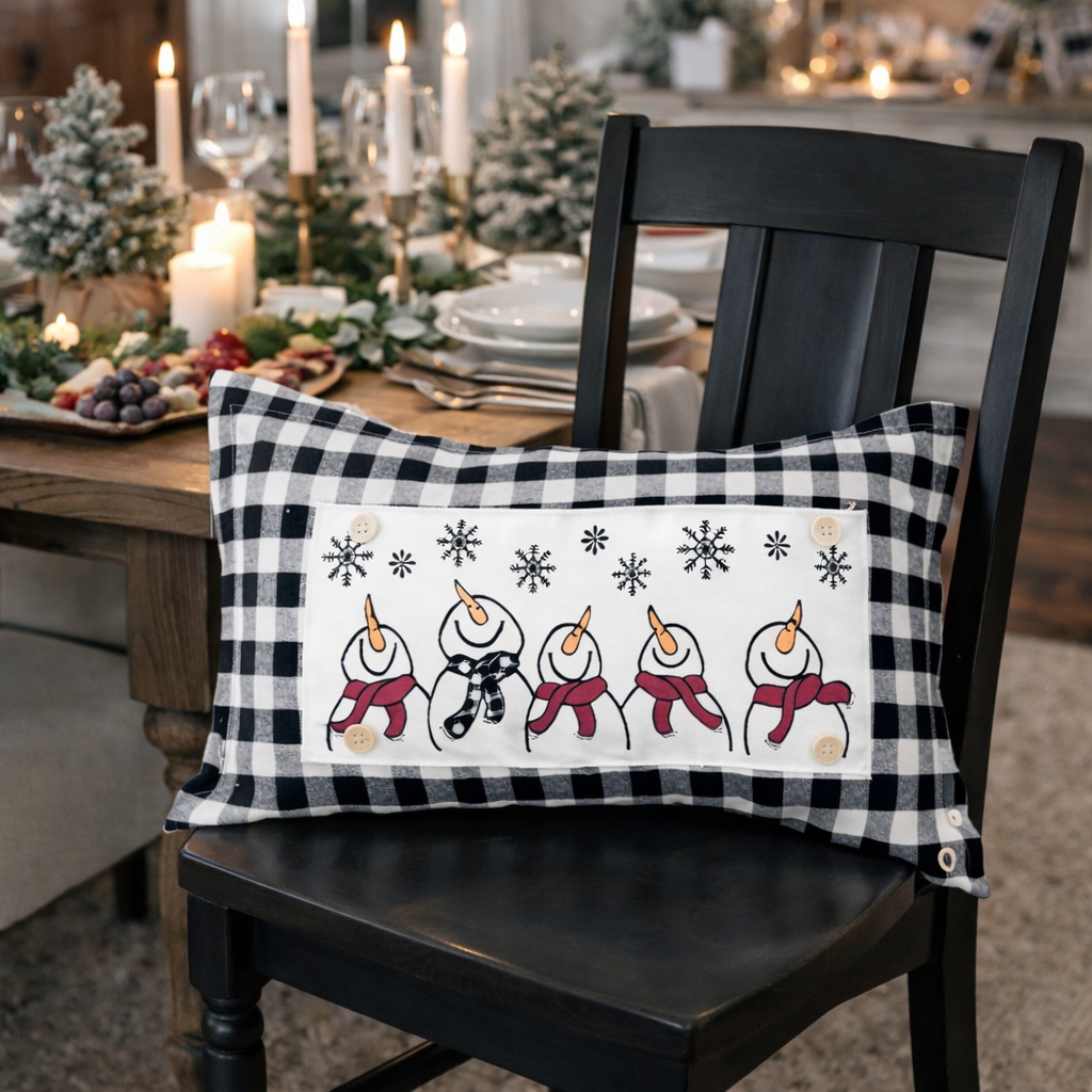 PANEL ONLY: 
RECTANGLE Season Panel: Winter January Decor Snow Snowflake Christmas; Singing Chorus Caroling Scarf Dancing Happy SNOWMAN SCARVES