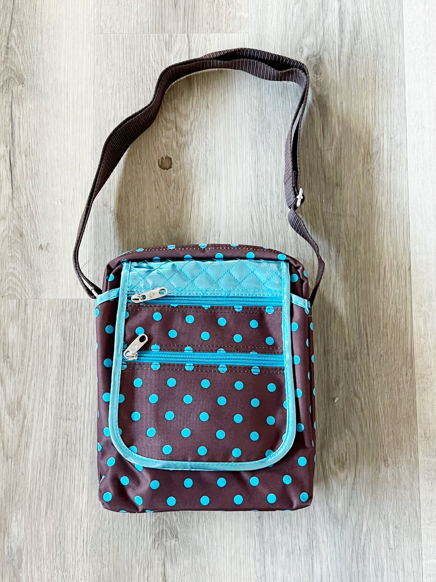 Gift for: Teen/College/Mom /Working Gal:  Briwn and Teal Turquoise Polka Dot Messanger bag purse