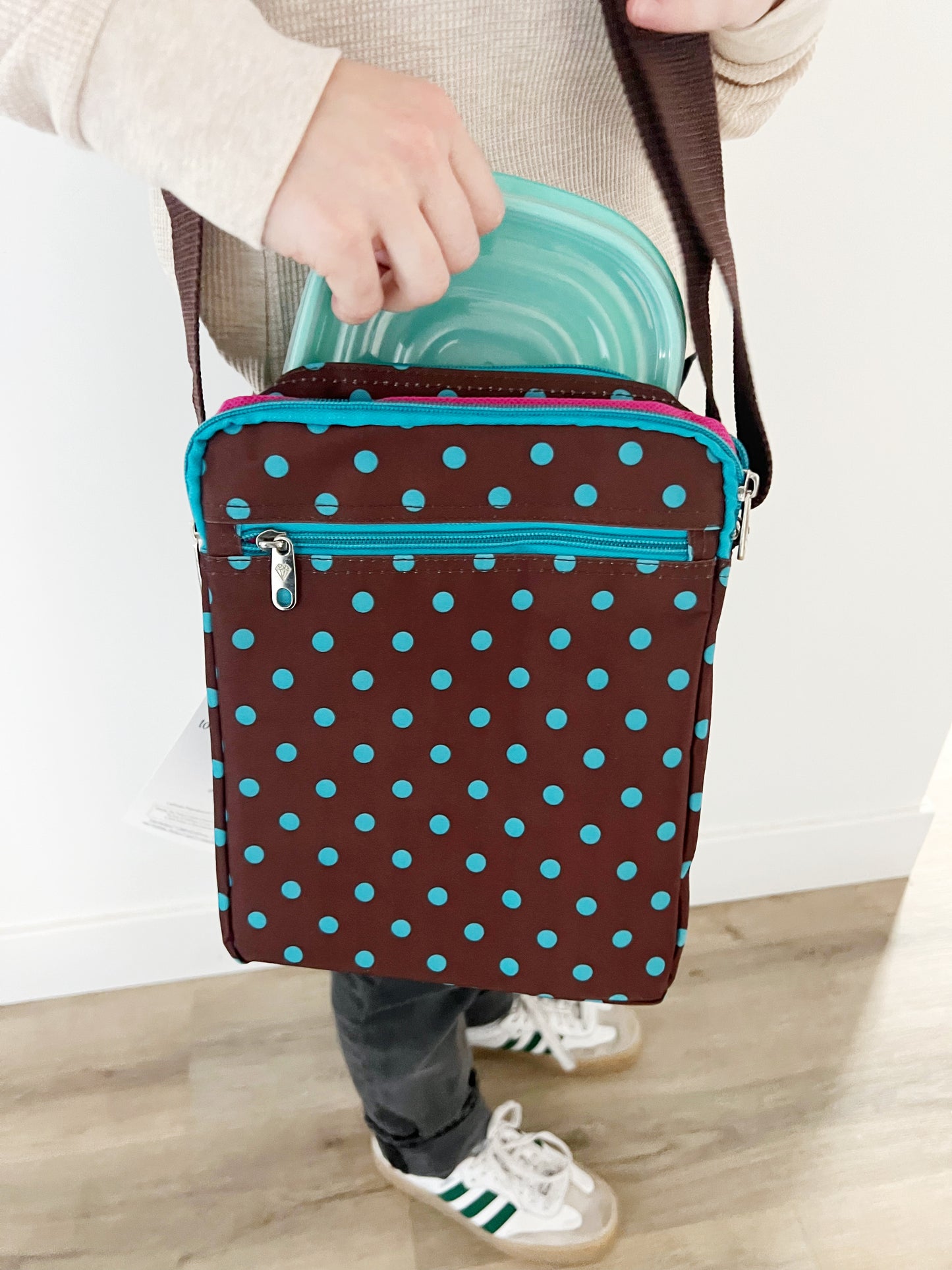 Gift for: Teen/College/Mom /Working Gal:  Briwn and Teal Turquoise Polka Dot Messanger bag purse