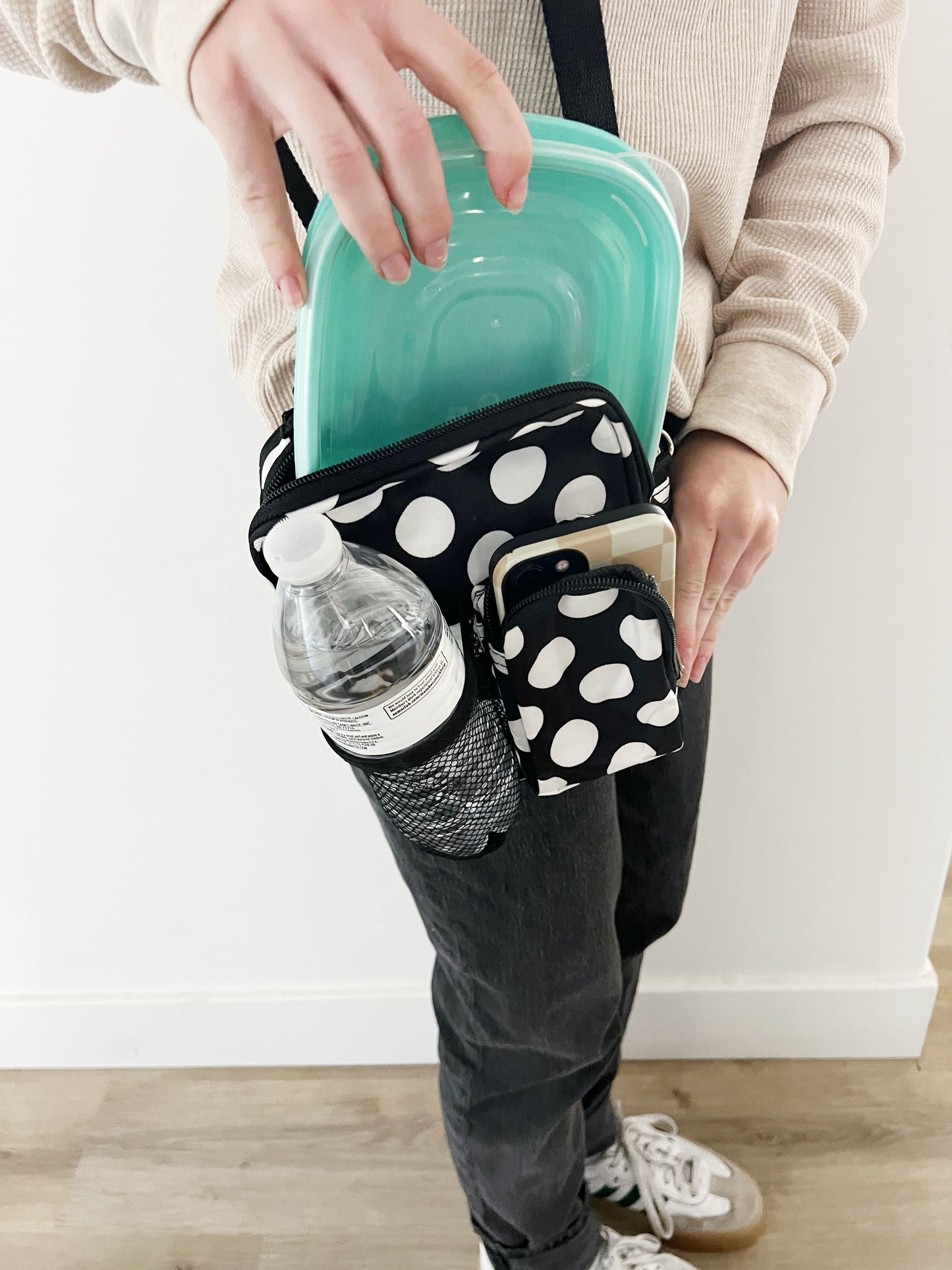 Gift for: Teen/College/Mom /Working Gal:  black Polka Dot Messanger bag purse