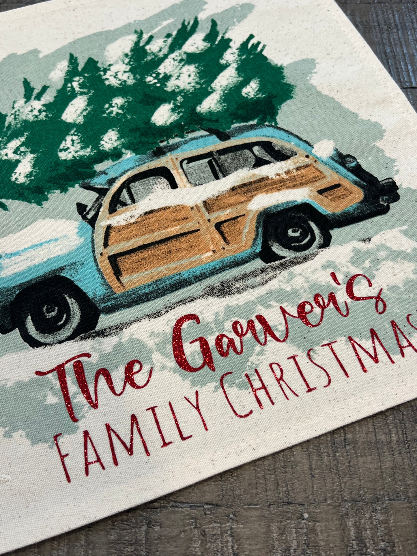 GIFT GUIDE:  FOR THE TRADITIONAL CHRISTMAS MOVIE LOVERS!   SQUARE Custom/ Personalized Holiday Panel: Christmas Griswald Family Tradition Tree Cutting Snow Scene Winter Wonderland Vintage CUSTOM CHRISTMAS STATION WAGON