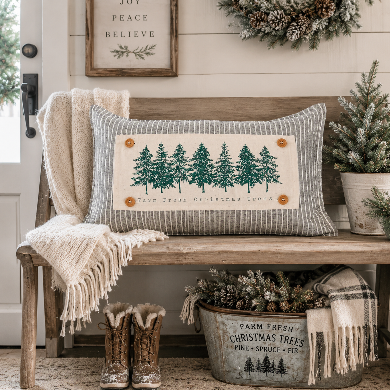 PANEL ONLY: RECTANGLE Winter; Farm Fresh, Green, Nature, Peaceful, Vintage, Farmhouse ; EVERGREEN CHRISTMAS TREES