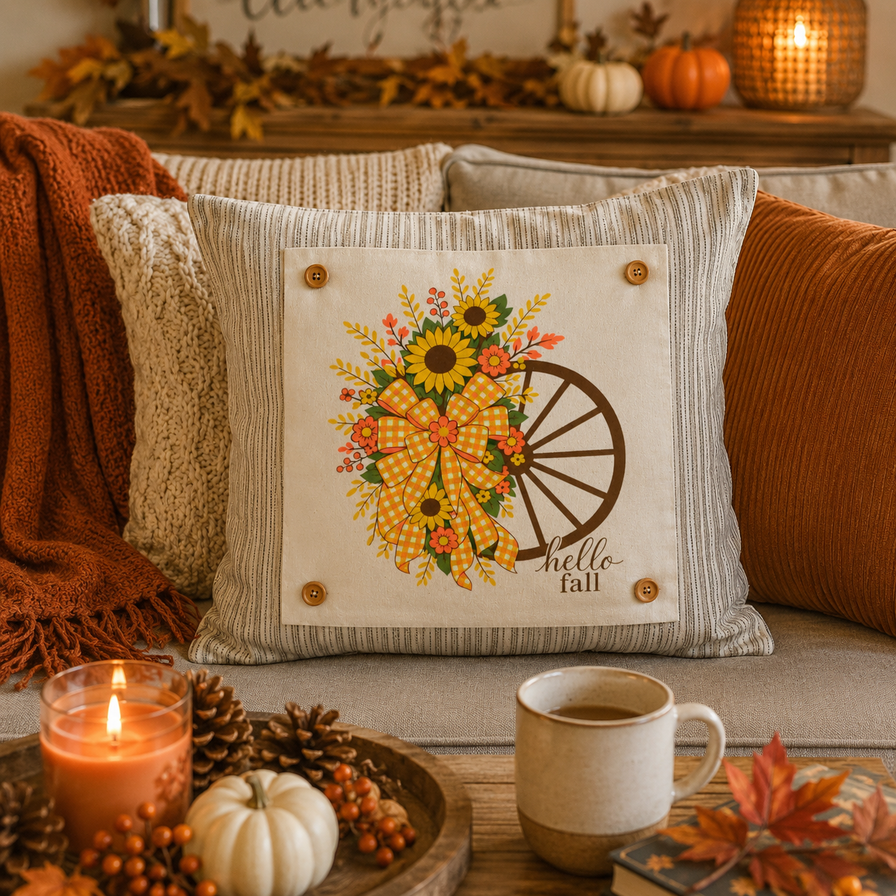 PANEL ONLY: SQUARE Fall, Autumn  Fall Leaf Leaves Gingham Bow fall flowers wheat swag WAGON WHEEL