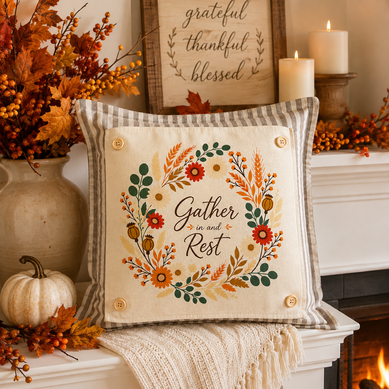 PANEL ONLY: SQUARE Fall Autumn leaves wreath GATHER IN AND REST