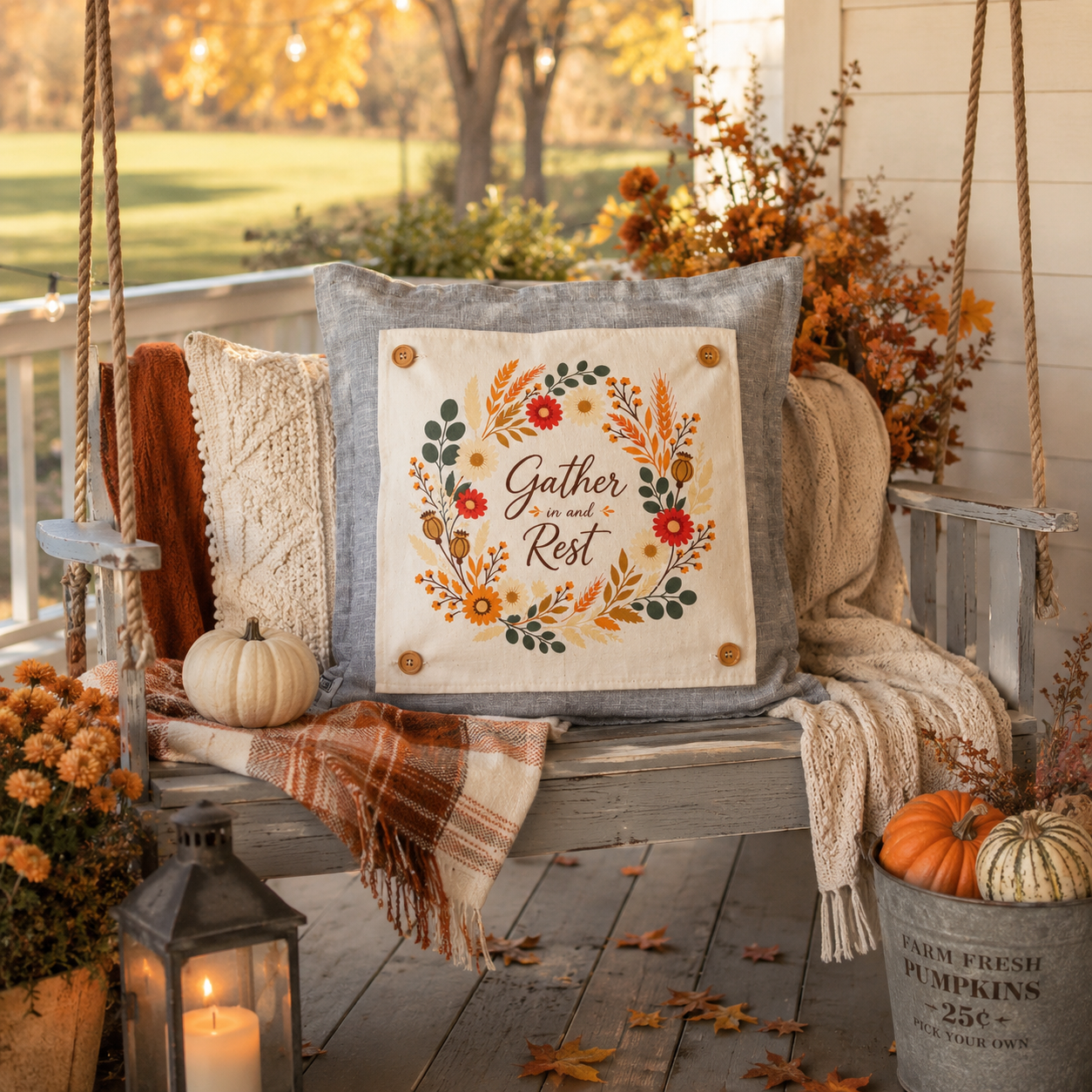 PANEL ONLY: SQUARE Fall Autumn leaves wreath GATHER IN AND REST