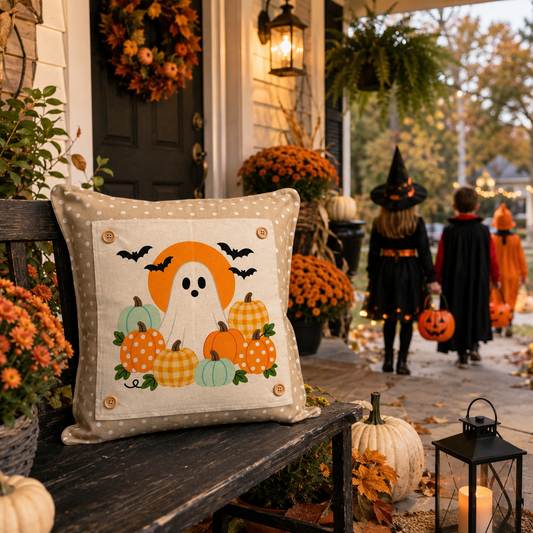NEW!  PANEL ONLY: SQUARE Holiday Panel: Fall, Autumn Halloween October GHOST COSTUME in PUMPKIN PATCH