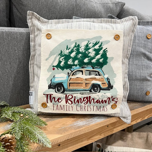SQUARE GIFT SET: Glitter Christmas Tree PERSONALIZED STATIONWAGON AND SQUARE CHARCOAL PILLOW