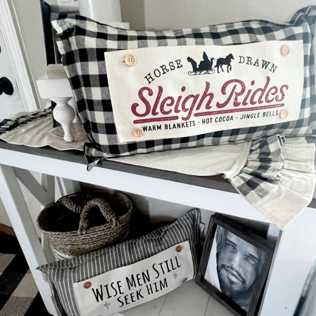 NEW! BUNDLE SET: Burlap Idaho Potato Farm Sack Bag Pillow  (comes with insert and these 3 panels inside back pocket); Winter Spring Summer Fall Autumn: HAUNTED HOUSE, TRACTOR, SLEIGH RIDE