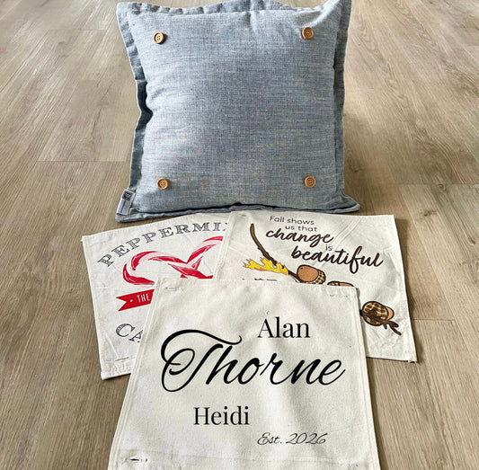 Custom Wedding Gift Bundle:  2 seasons + SQUARE GRAY pillow + custom last name panel:  ACORN BRANCH, CANDY CANES, CUSTOM LAST NAME PANEL