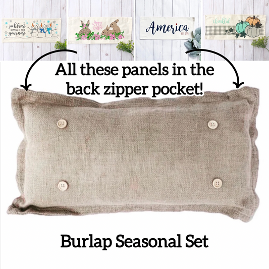 SEASONAL BUNDLE SET: Burlap Idaho Potato Farm Sack Bag Pillow  (comes with insert and these 4 panels inside back pocket); Winter Spring Summer Fall Autumn:  THANKFUL PUMPKINS, JACK FROST SNOWMAN, BUNNY HOP EASTER, AMERICAN 1776