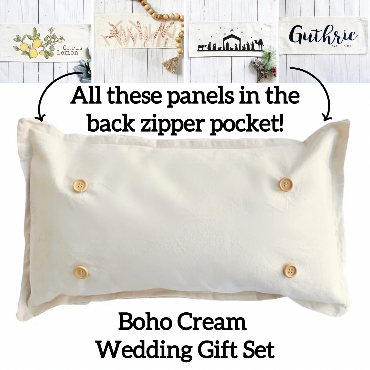 Custom Wedding Gift Bundle:  3 seasons + pillow + custom last name panel & LEMON CITRUS / WHEAT / NATIVITY / CUSTOM PANEL