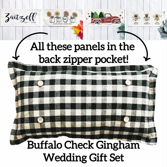 Custom Wedding Gift Bundle:  3 seasons + GINGHAM/BUFFALO CHECK pillow + custom last name panel: 3 BEES BEE KIND / SUNFLOWER JARS / VINTAGE CHRISTMAS TREE TRUCK /CUSTOM PANEL