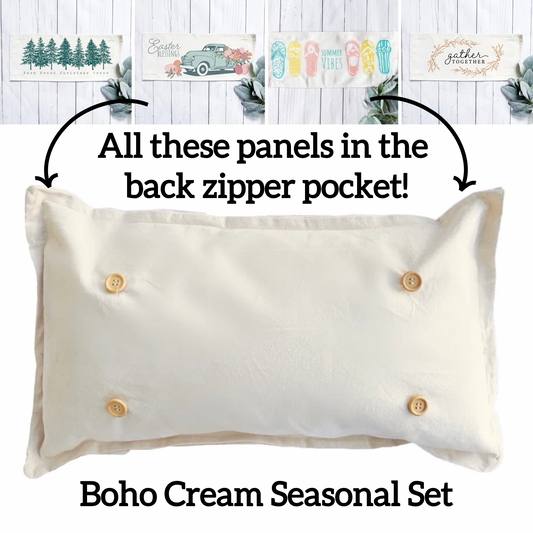 SEASONAL BUNDLE SET: Natural Cream Boho Pillow (comes with foam insert and these 4 panels in back pocket); Winter Spring Summer Fall Autumn: GATHER TOGETHER, EASTER TRUCK, SUMMER FLIP FLOPS, FARM FRESH CHRISTMAS TREES