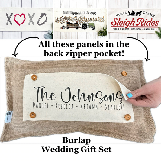 Custom Wedding Gift Bundle:  3 seasons + BURLAP pillow + custom last name panel: XOXO, TRACTOR, SLEIGH RIDES