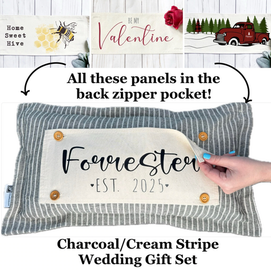 Custom Wedding Gift Bundle:  3 seasons + CHARCOAL/GALVINIZED STRIPES pillow + custom last name panel & BEEHIVE / NEW CMAS TRUCK / BE MY VALENTINES / CUSTOM PANEL