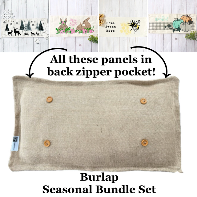 SEASONAL BUNDLE SET: Burlap Idaho Potato Farm Sack Bag Pillow  (comes with insert and these 4 panels inside back pocket); Winter Spring Summer Fall Autumn: DEER, BUNNY HOP EASTER, HOME SWEET HIVE BEE, THANKFUL PUMPKINS,