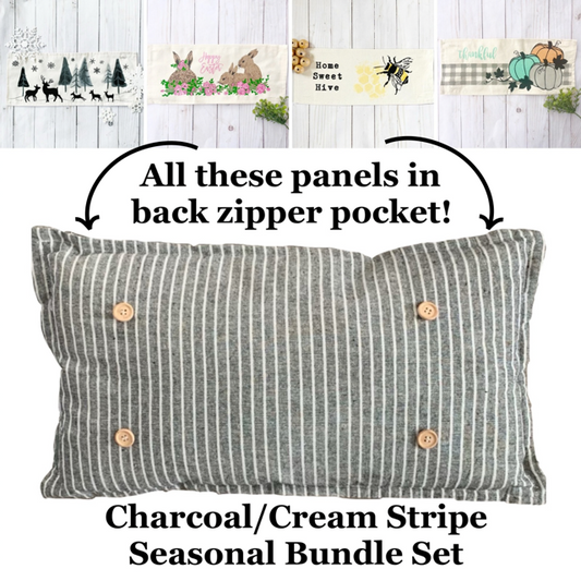 SEASONAL BUNDLE SET: Charcoal/Cream Stripes Pillow (comes with foam insert and these 4 panels in back pocket); Winter Spring Summer Fall Autumn: THANKFUL PUMPKINS, DEER, BUNNY HOP EASTER, HOME SWEET HIVE BEE