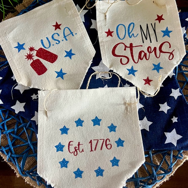 Glitter Holiday Pennant Wreath / Swag Banner: Summer BBQ American America Flag Old Glory Sparkly Fireworks Stars and Stripes 4th of July Firecrackers CIRCLE ESTABLISHED 1776