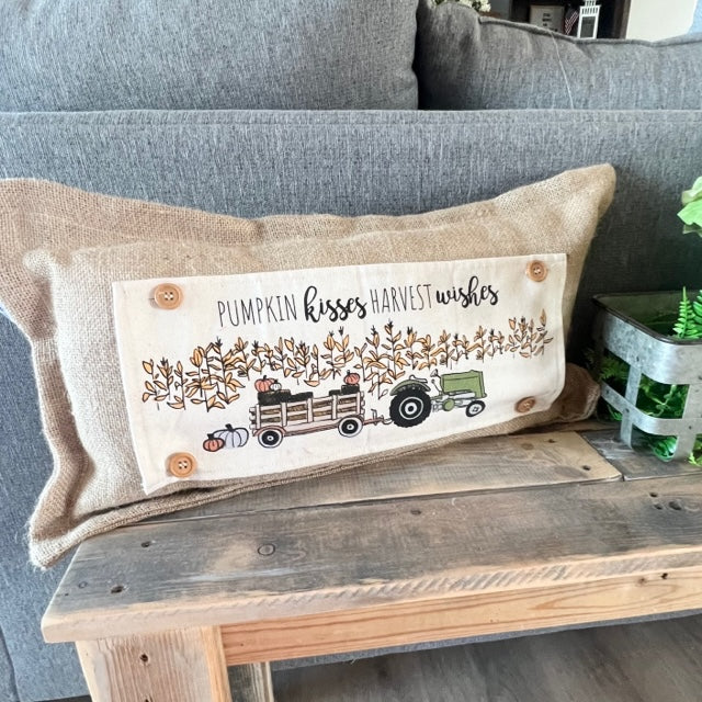NEW! BUNDLE SET: Burlap Idaho Potato Farm Sack Bag Pillow  (comes with insert and these 3 panels inside back pocket); Winter Spring Summer Fall Autumn: HAUNTED HOUSE, TRACTOR, SLEIGH RIDE