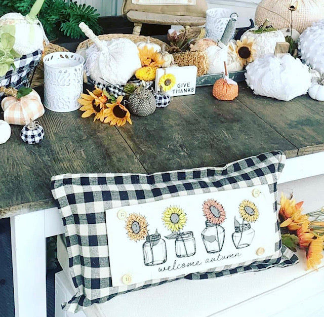 NEW! Custom Fall Wedding Gift Bundle:  2 seasons + BURLAP pillow + custom last name panel: SUNFLOWER JARS, NATIVITY, CUSTOM LAST NAME PANEL