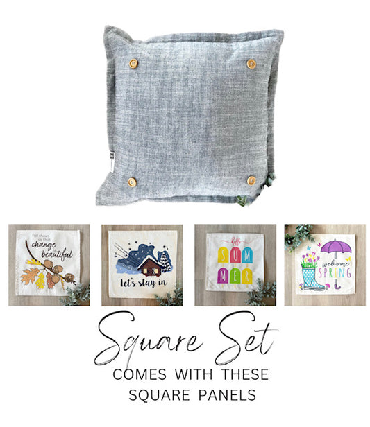 SQUARE BUNDLE SET: Charcoal Gray Solid Pillow (comes with foam insert and these 4 panels in back pocket); Winter Spring Summer Fall Autumn:  FALL BRANCH, SUMMER POPSCICLE, SPRING RAIN BOOT/UMBRELLA, SKI LODGE CHAIRLIFT